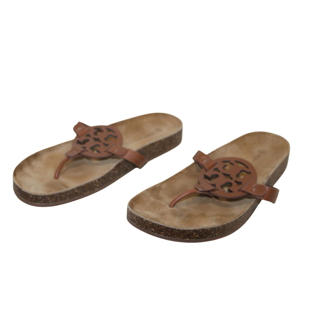 Tory Burch Miller Cloud Sandal Womens 12 Brown Good Leather Cork Logo Thong - Picture 4 of 5